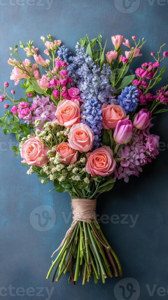 Colorful spring bouquet featuring roses, tulips, and mixed flowers arranged for a cheerful display photo