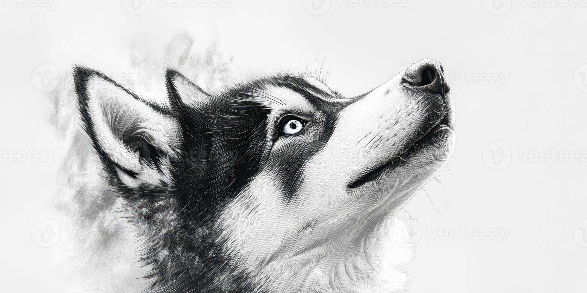 Detailed black and white sketch of a husky looking upwards in a creative artistic style photo