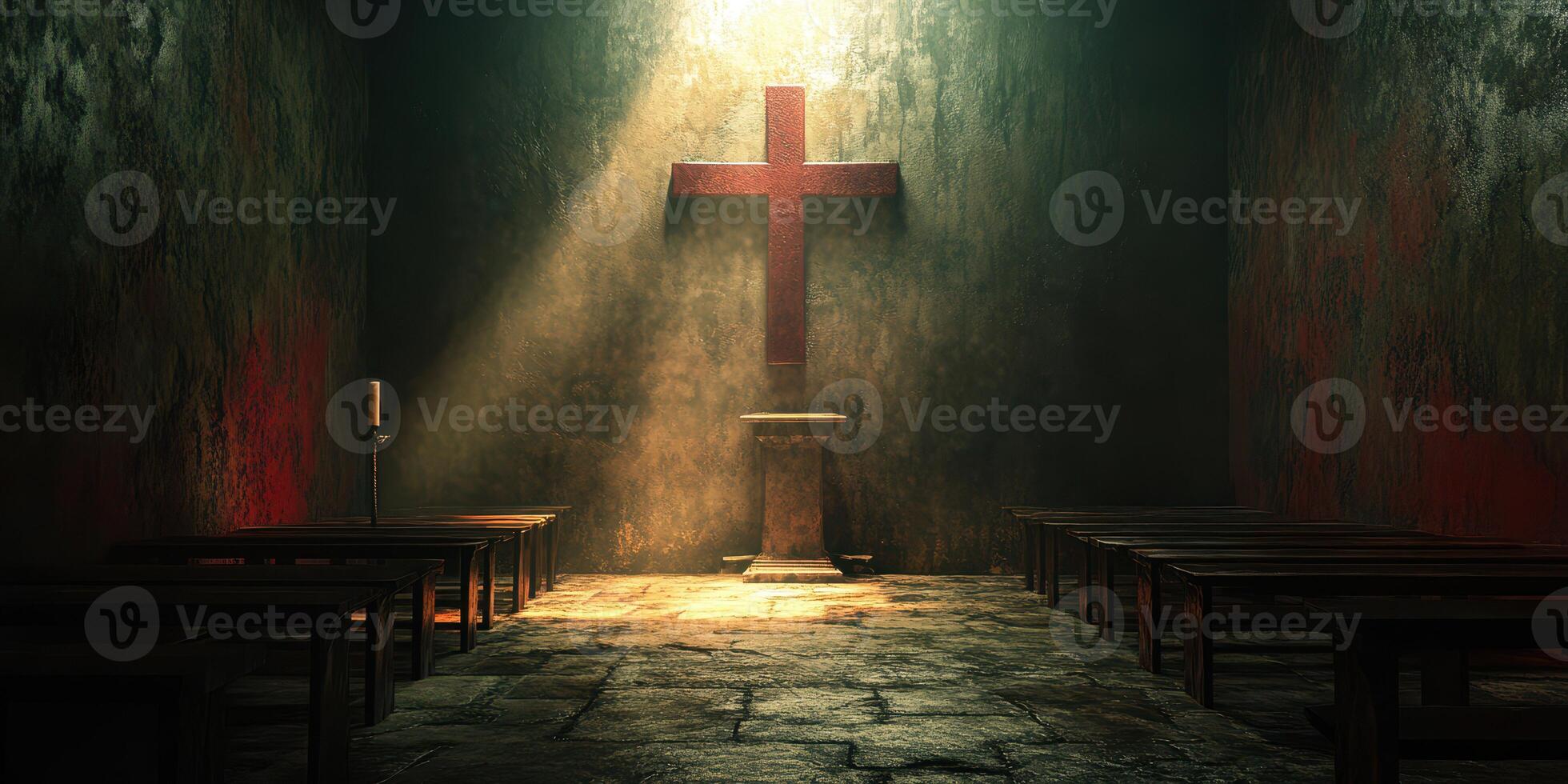 Light shines through a dim church interior highlighting a red cross on the wall photo