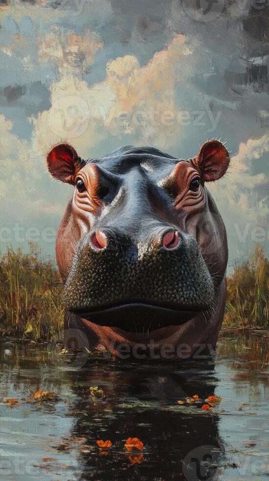 Hippopotamus emerges from water surrounded by grassland under a cloudy sky at dusk photo