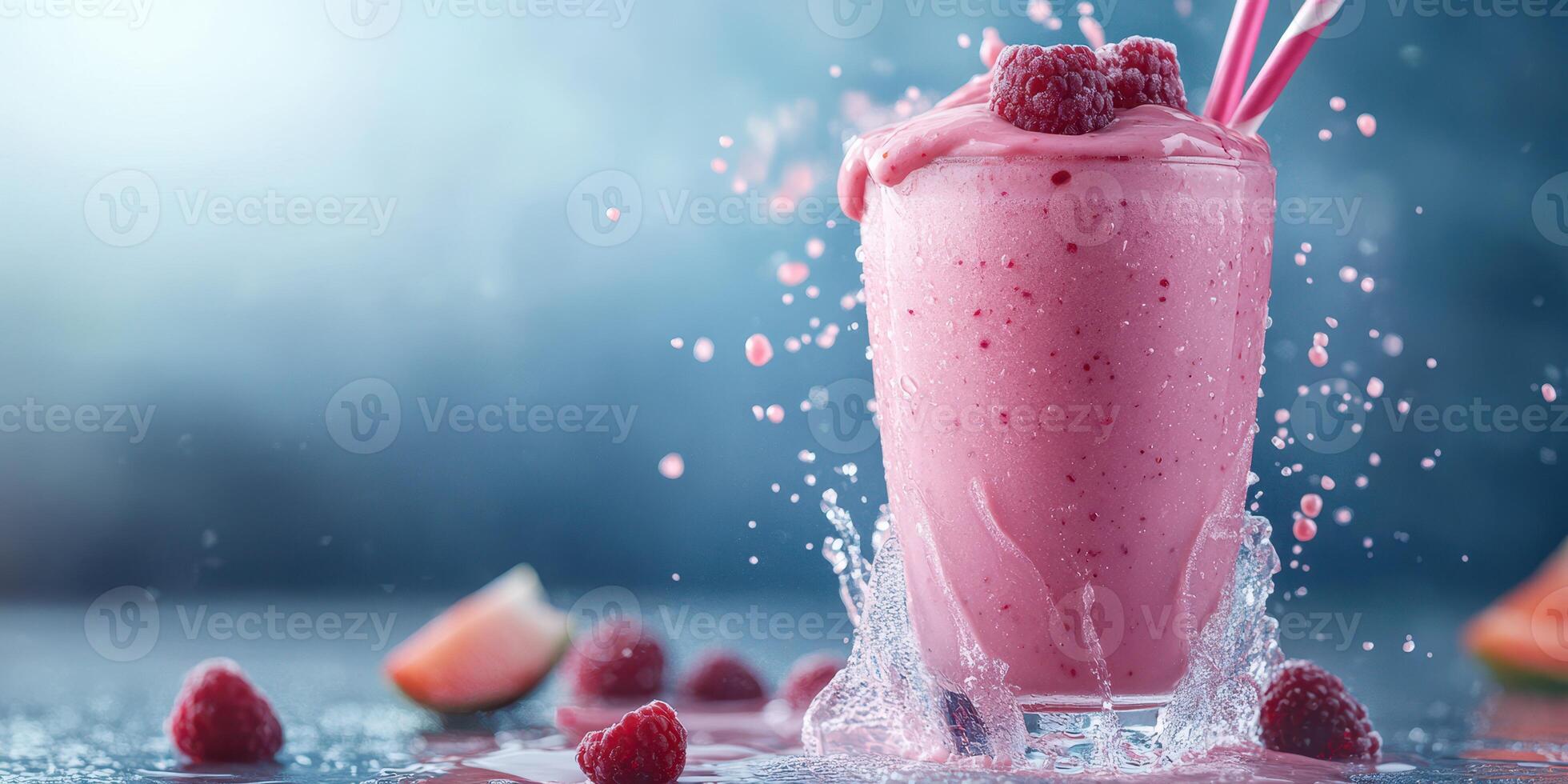 Refreshing raspberry smoothie splashes in a glass with vibrant colors and dynamic composition photo
