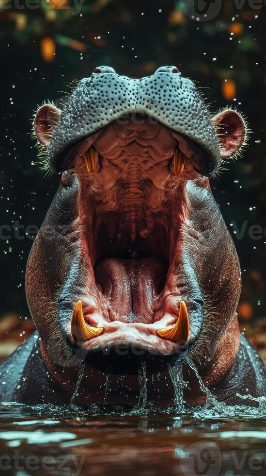 Huge hippopotamus opens mouth wide while splashing water in a serene natural habitat during the day photo