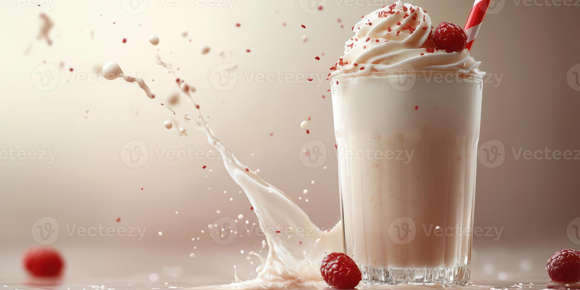 Creamy milkshake with whipped topping and raspberries splashing on rustic background photo