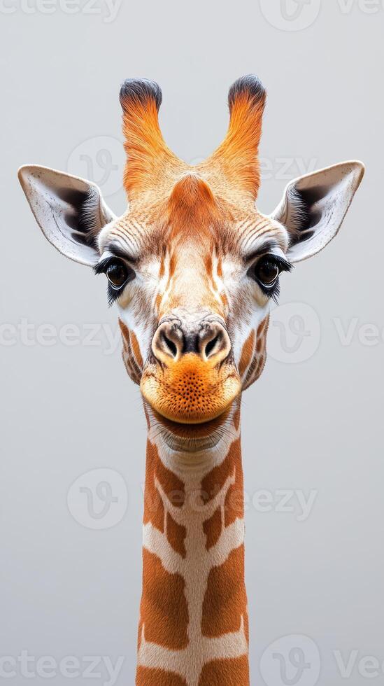 Curious giraffe with striking features gazing intently into the camera at a wildlife sanctuary photo