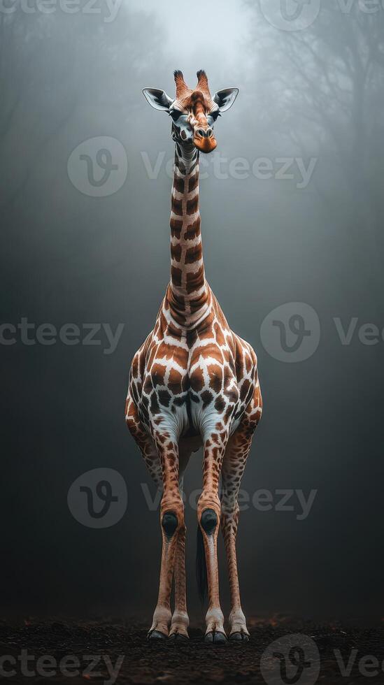 Striking giraffe stands tall in a misty forest during early morning hours photo