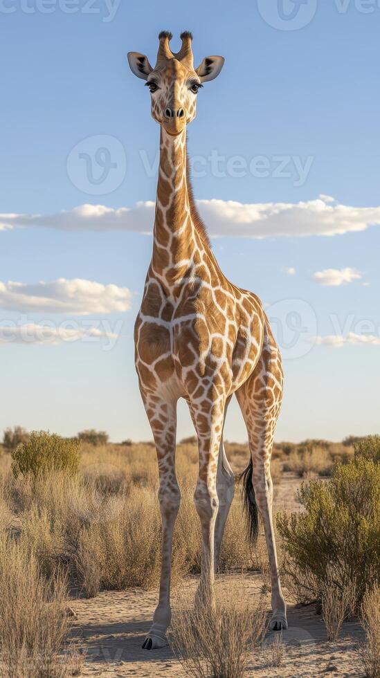 Giraffe standing tall in the savannah under a clear blue sky during the late afternoon photo