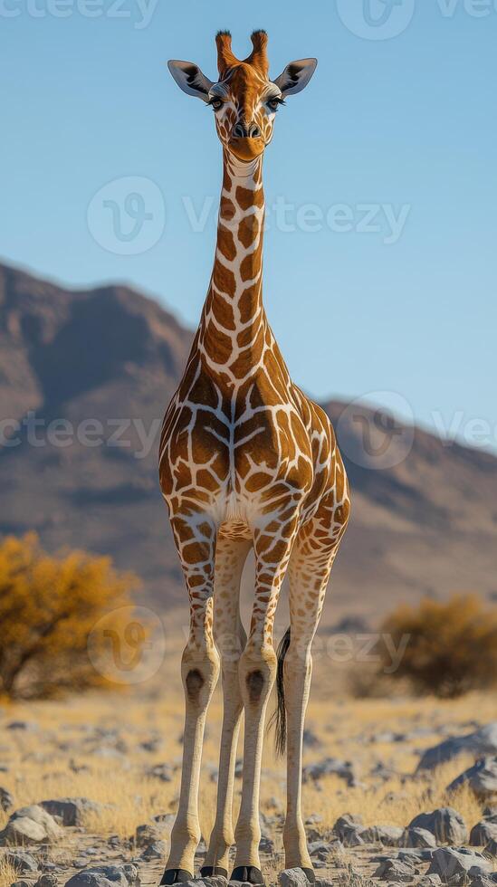 Majestic giraffe stands tall in the savannah under a clear blue sky during golden hour photo
