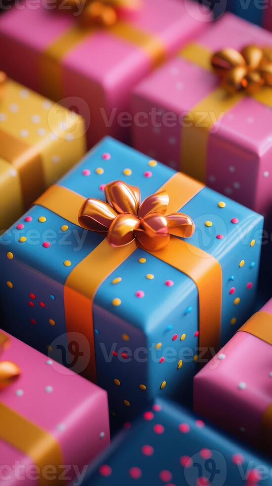 Colorful wrapped gifts display an array of vibrant designs for a festive celebration event photo