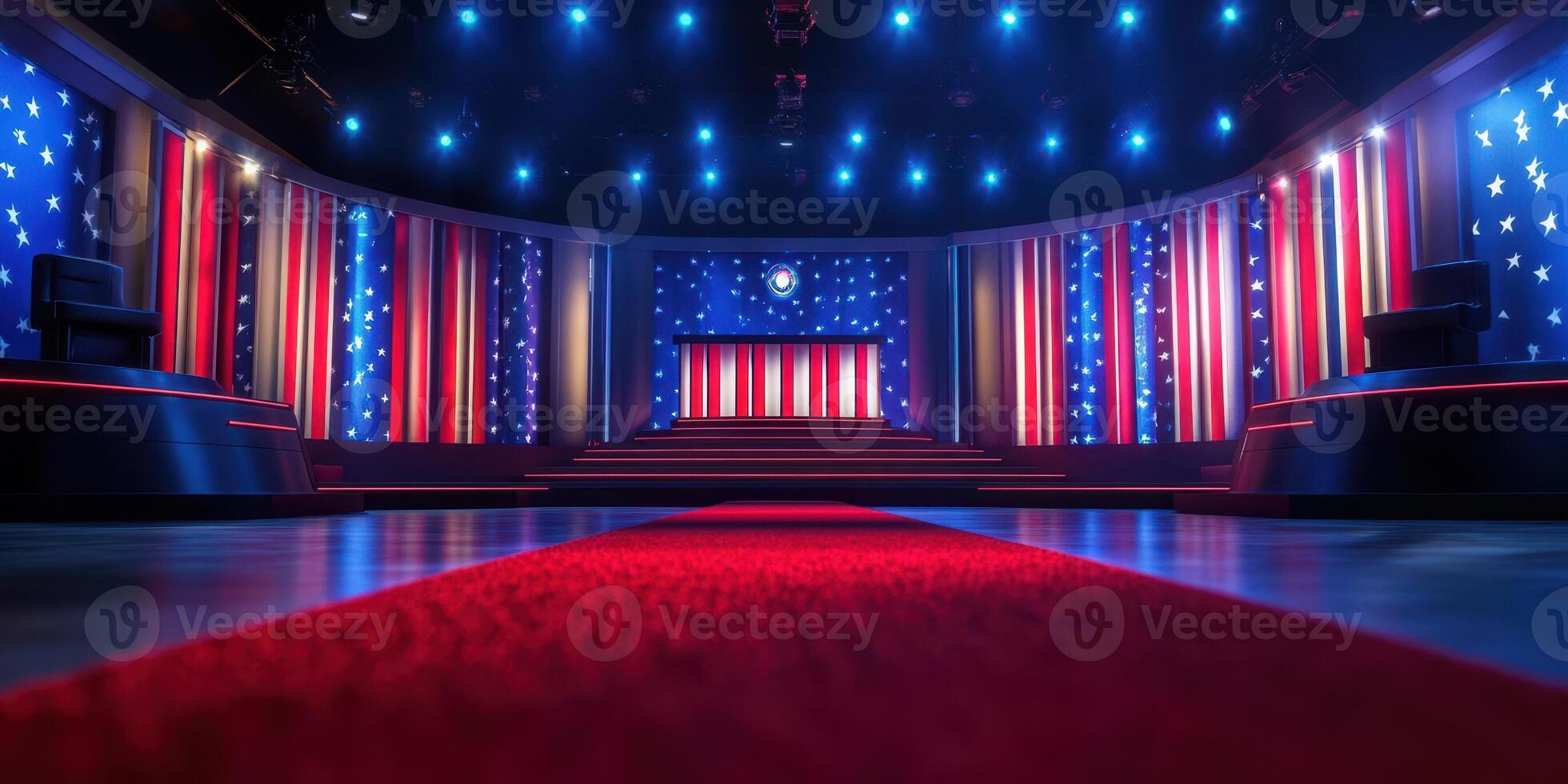 Brightly lit stage setup featuring red carpet and starry backdrop in preparation for a political event or talk show photo