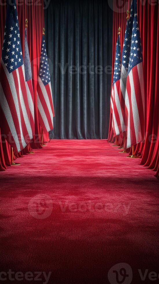 Red carpet set up with American flags for an upcoming event in a formal venue photo