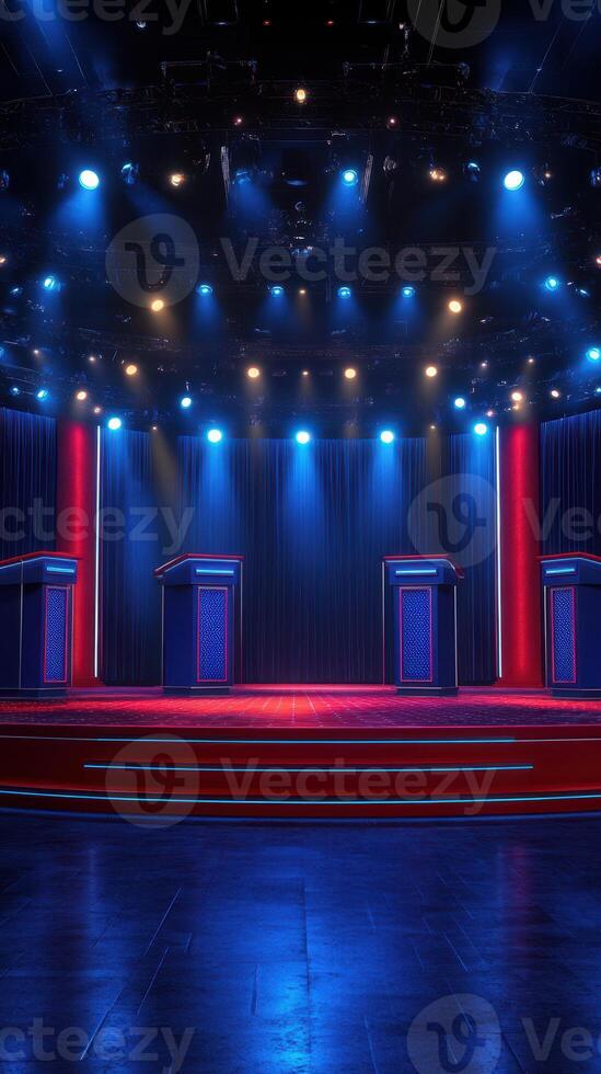 Brightly lit stage setup ready for an exciting competition event in a theater setting photo