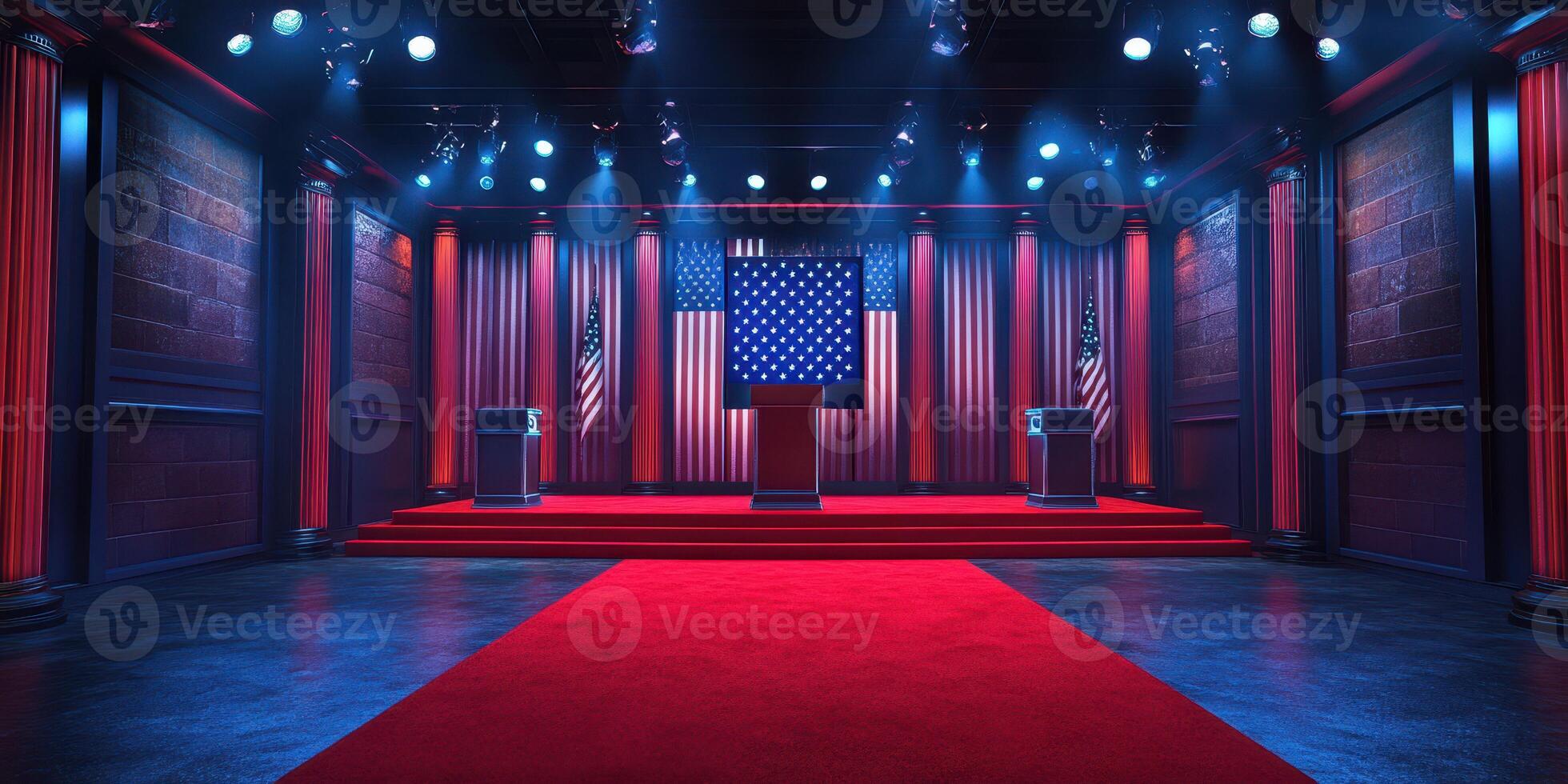 Debate stage set up with podiums and backdrop illuminated in red and blue lights photo
