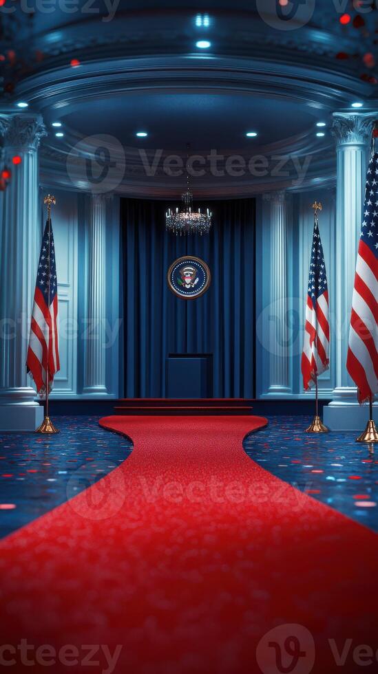 Grand entrance hall set for a formal event decorated with flags and a podium under elegant lighting photo