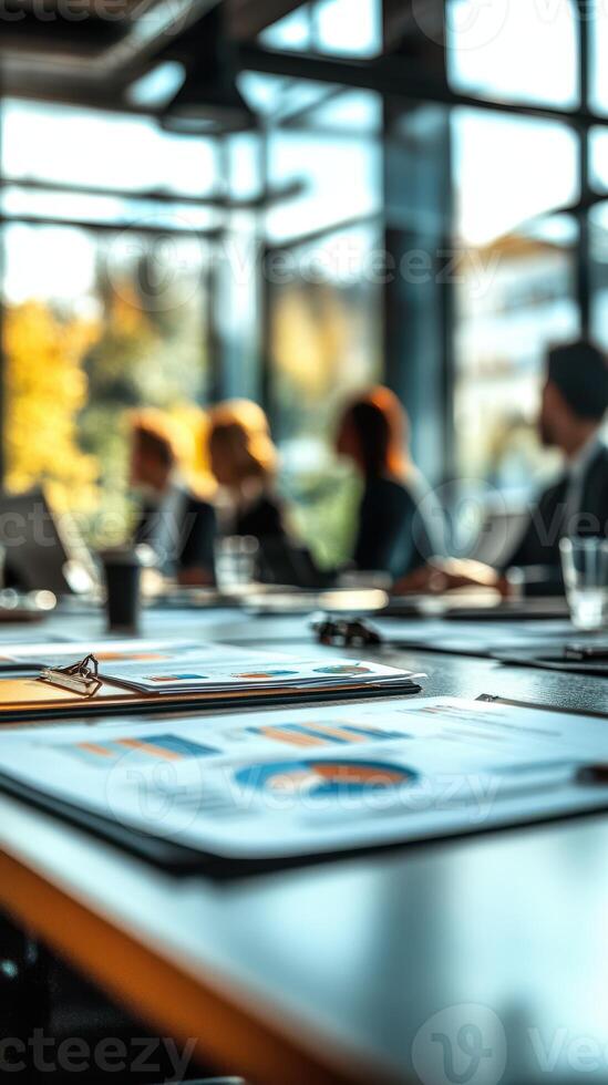 Business meeting in modern office space with charts and graphs displayed on table photo