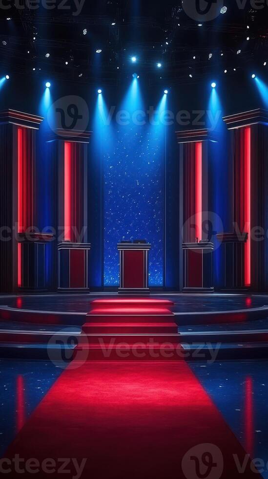 Brightly lit stage setup with red carpet and blue background ready for a lively event photo