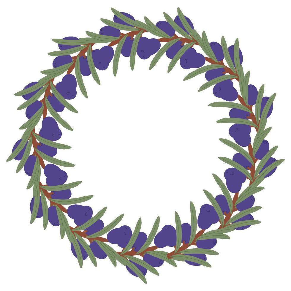 Elegant Botanical Wreath with Purple Berries and Green Leaves in a Hand-Drawn Natural Design vector