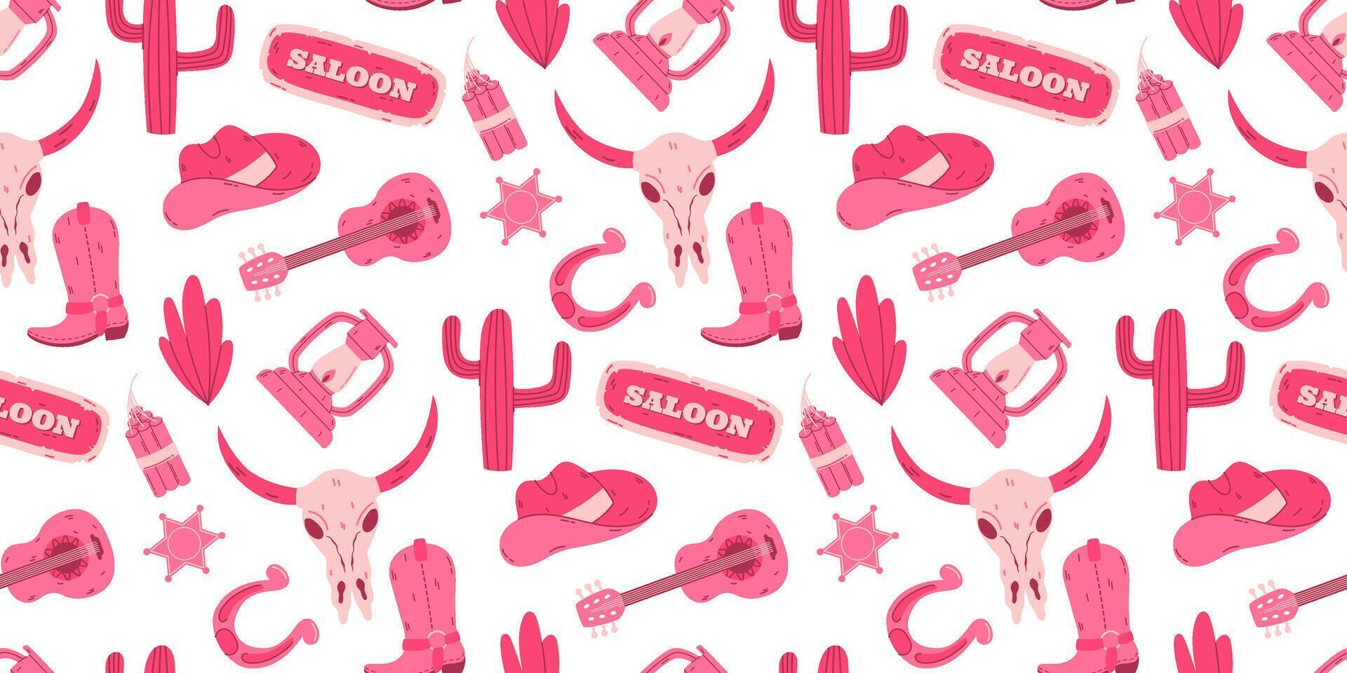 Western-themed seamless pattern with cowgirl icons and pink illustrations vector