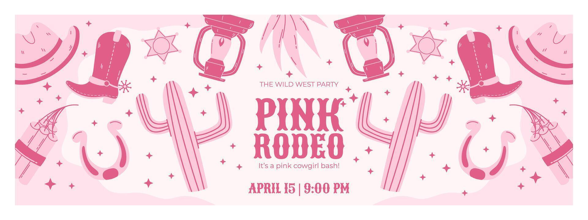 Pink Rodeo Party Horizontal Banner with Cowboy Hats, Boots, Cactus, Horseshoes, Lanterns, and Dynamite in a Playful Western Theme vector