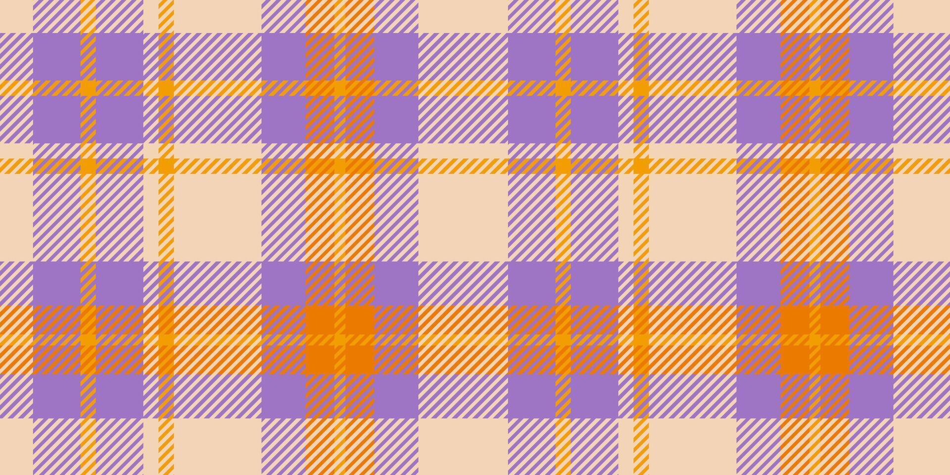 A seamless tartan plaid pattern in vibrant purple and orange tones with beige accents. Perfect for textile design, fashion, backgrounds, and creative projects with a bold and lively aesthetic. vector