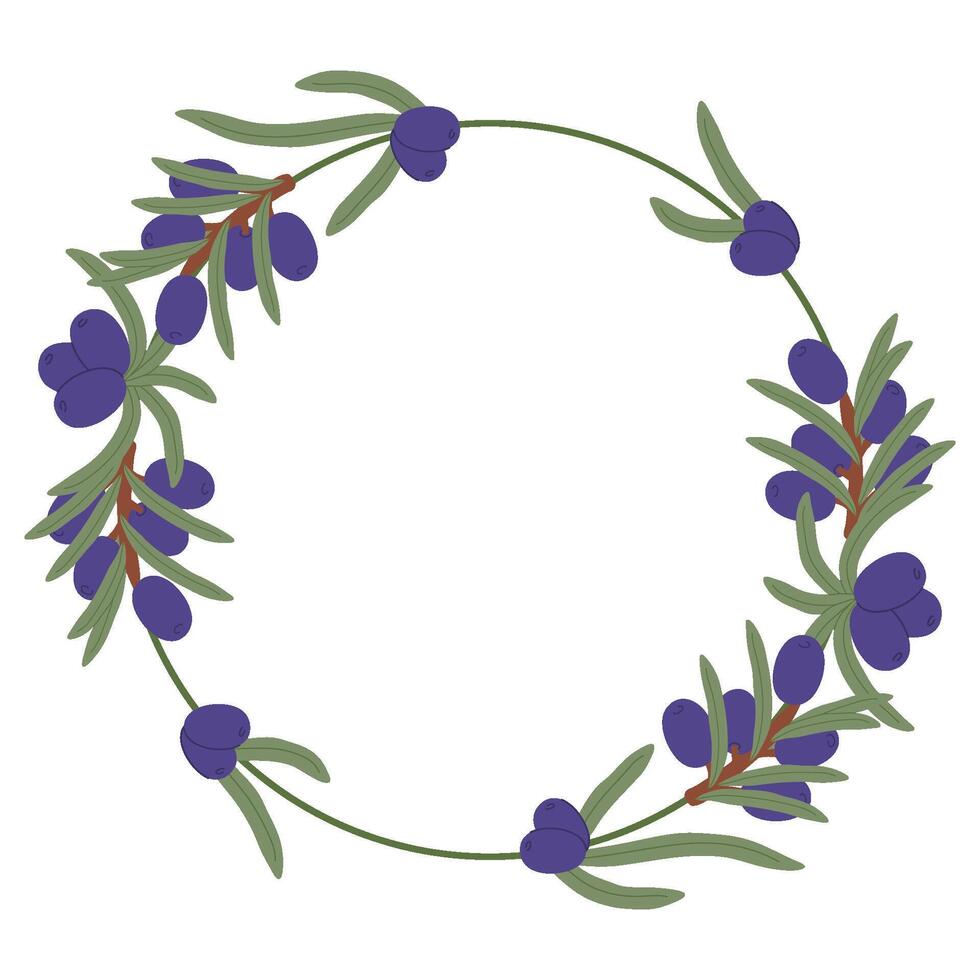 Delicate Botanical Wreath with Purple Berries and Green Leaves in a Hand-Drawn Natural Design vector