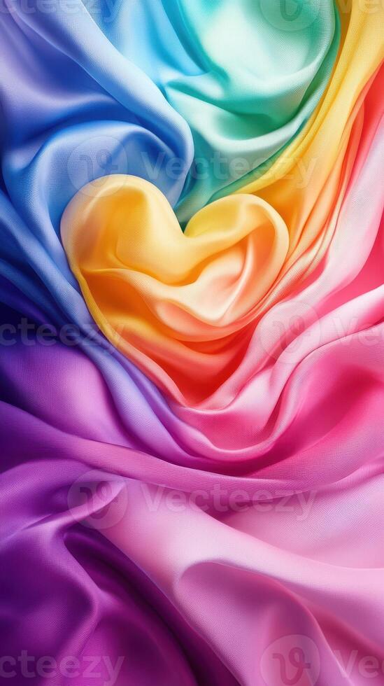 Colorful silk fabric flowing in a heart shape, showcasing a vibrant gradient from blue to pink in artistic arrangement photo