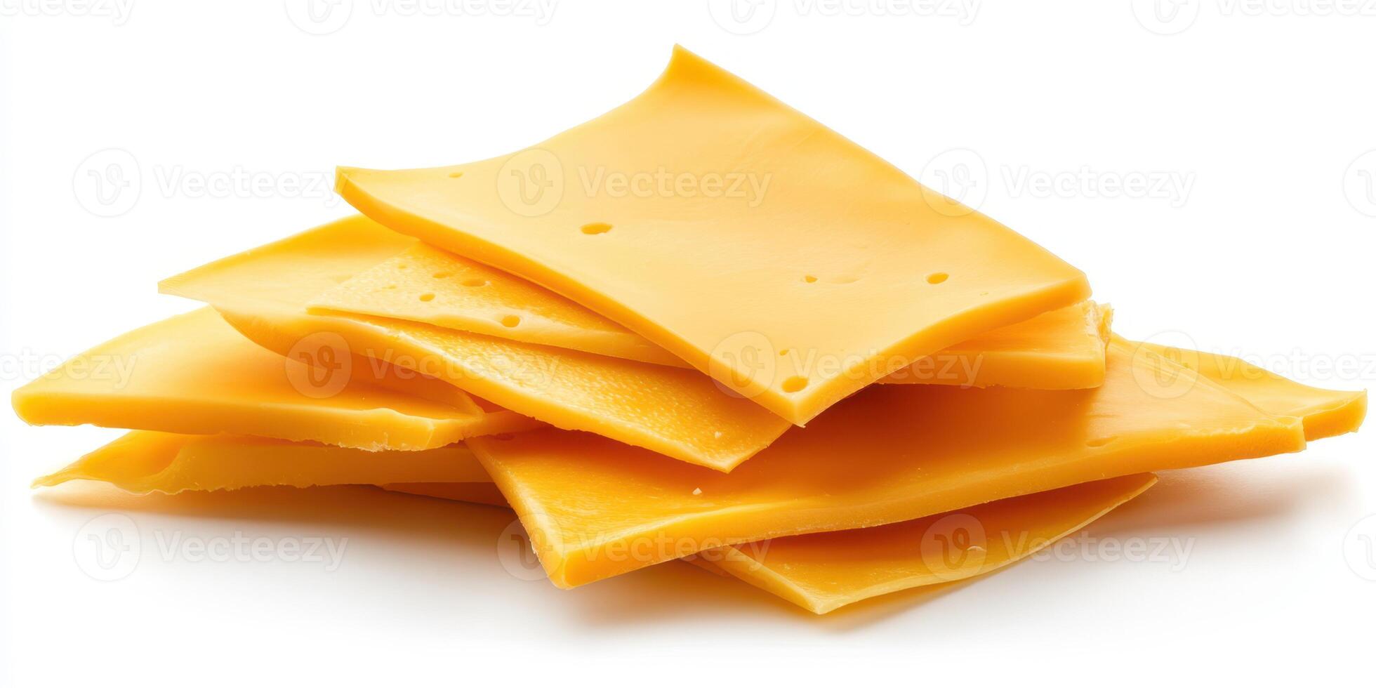 Slices of yellow cheese stacked on a white surface ready for use in various dishes photo