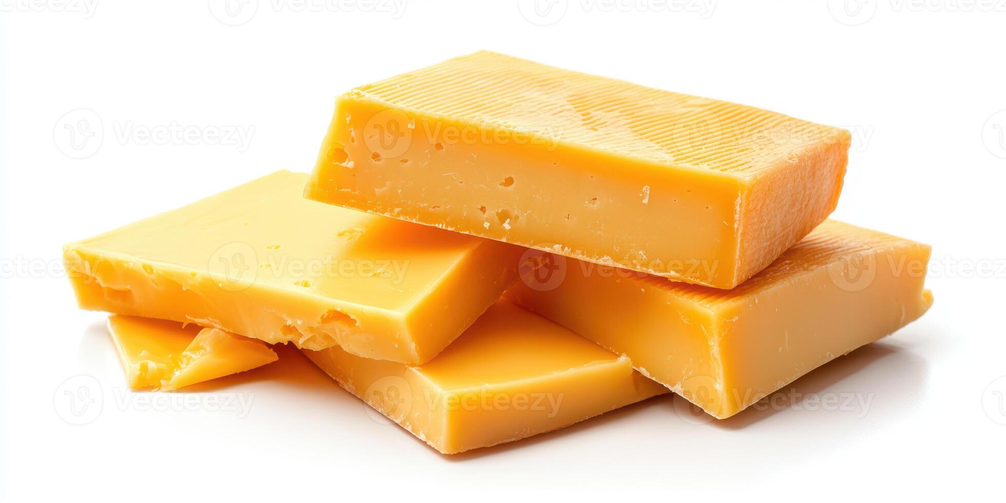 Blocks of fresh cheddar cheese arranged attractively against a white background showcasing texture and color photo
