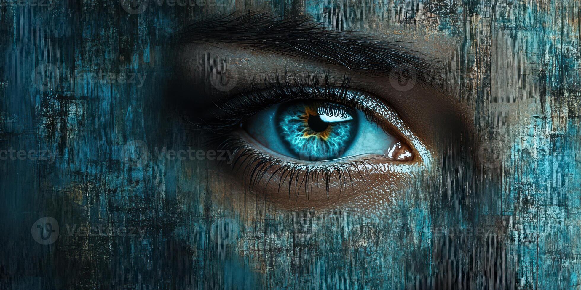 Stunning close-up of a blue eye against an abstract textured background reflecting light and color photo