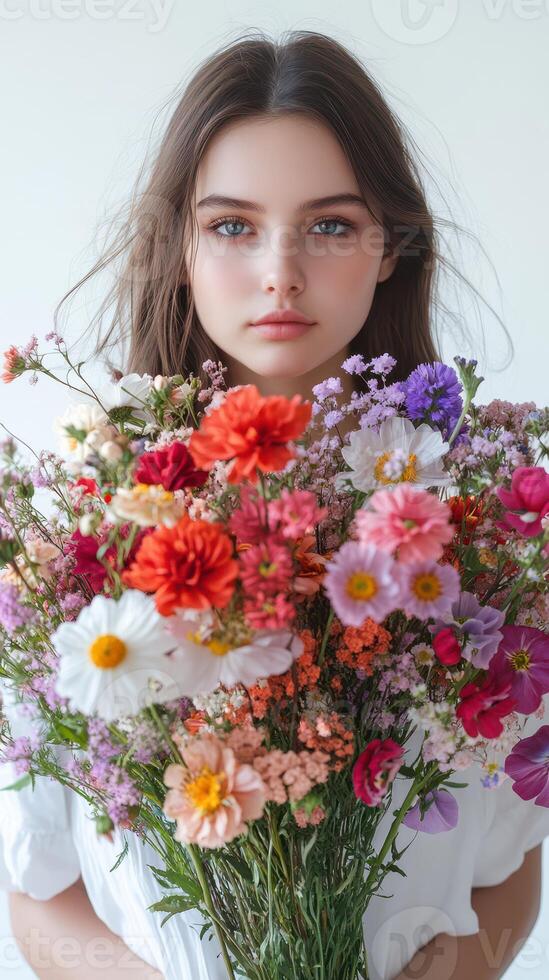 Young woman holding a vibrant bouquet of flowers indoors on a sunny day photo