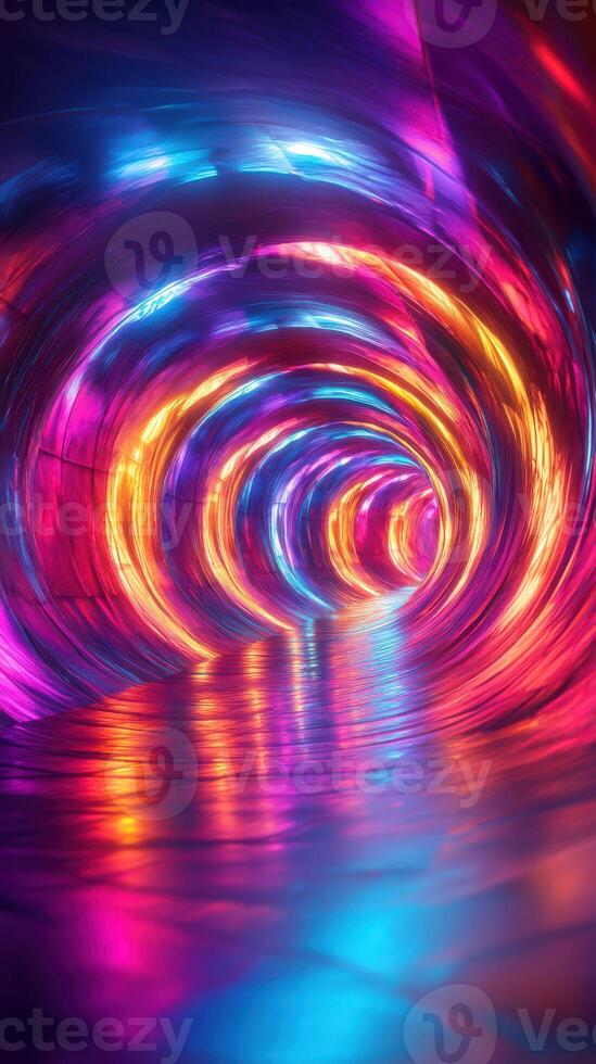 Colorful swirling lights create an immersive tunnel experience in a futuristic environment at night photo