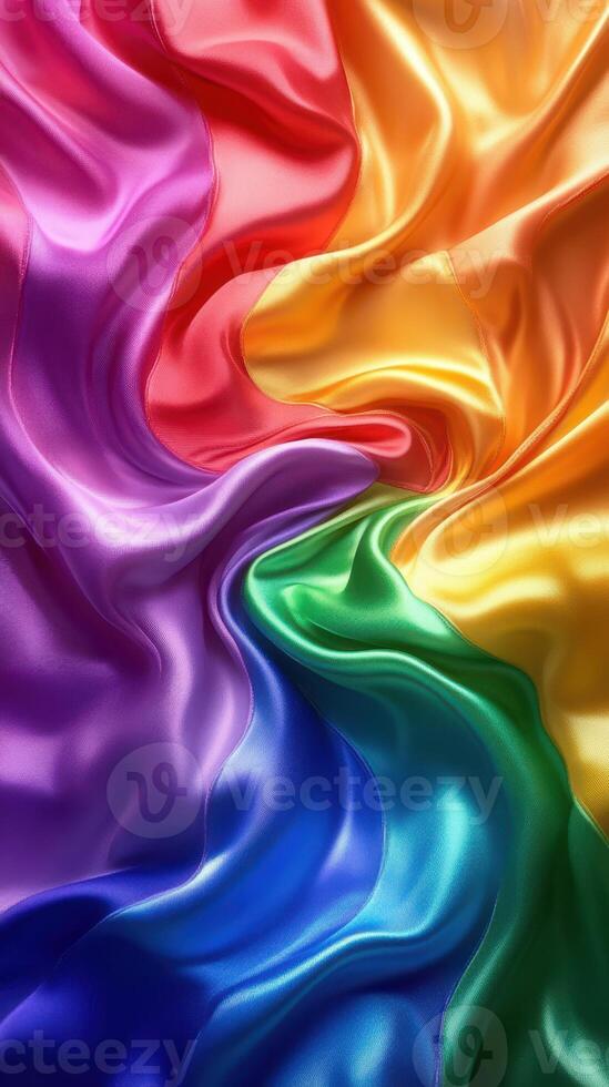 Colorful satin fabric flowing in a vibrant rainbow pattern showcasing rich hues and smooth textures photo