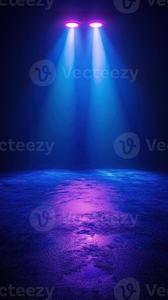 Colorful stage lighting creates a vibrant atmosphere in an empty performance space at night photo