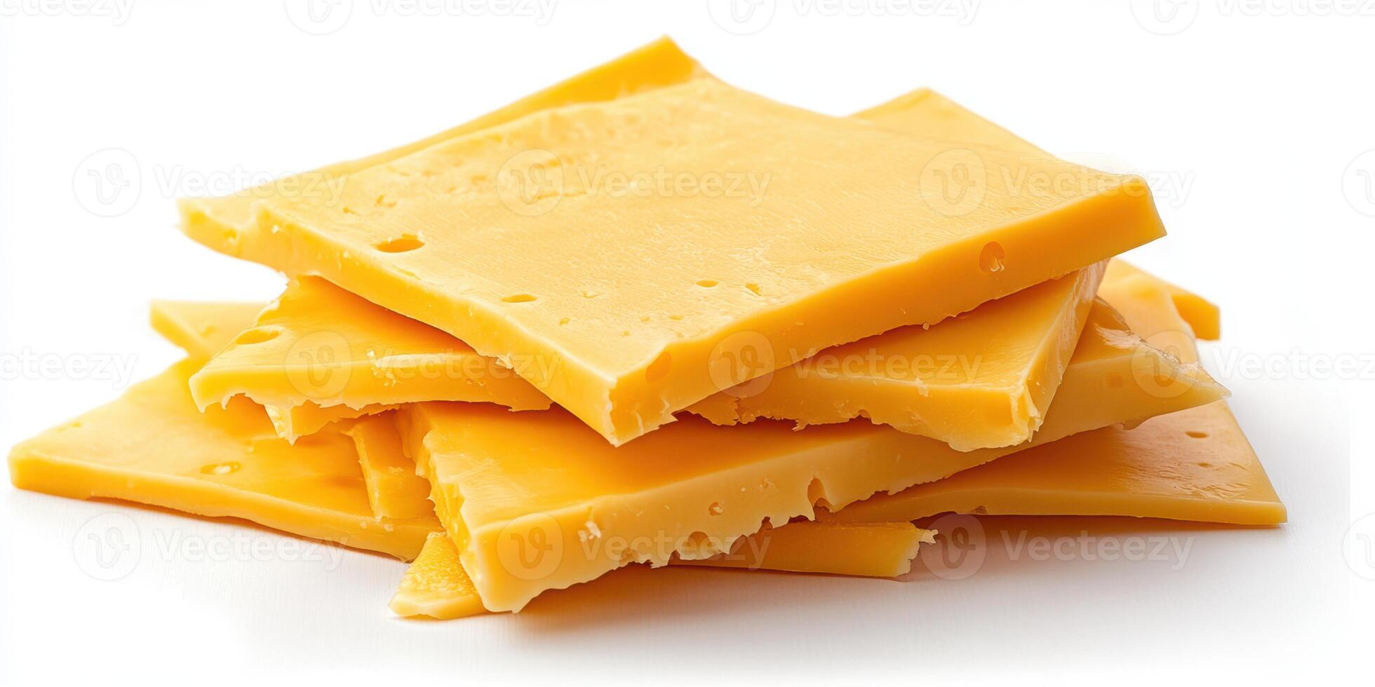 Slices of cheddar cheese stacked on a white background ready for culinary use or snacking enjoyment photo
