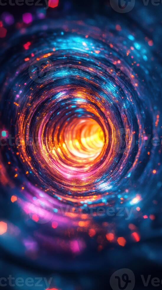 Swirling vortex of light and color illuminates a cosmic tunnel in a digital art creation photo