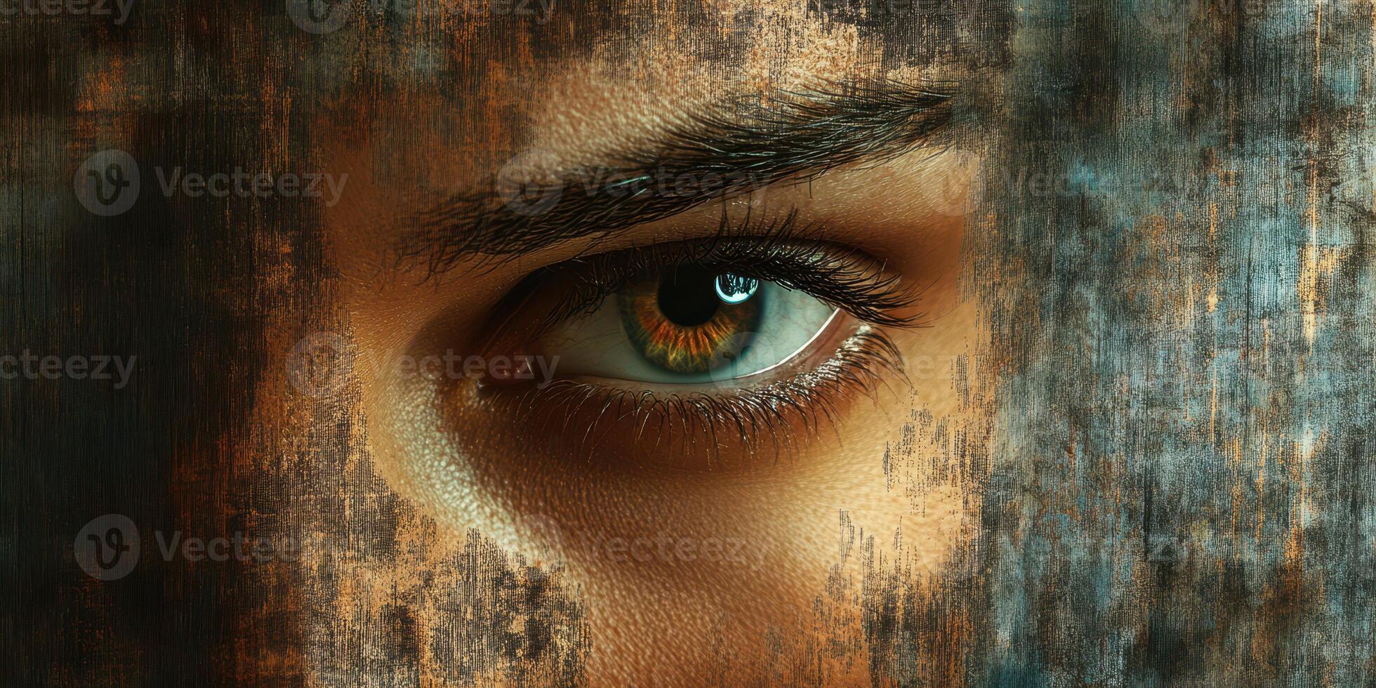 Close-up of an intense eye revealing emotion and depth with artistic textures in the background during golden hour photo