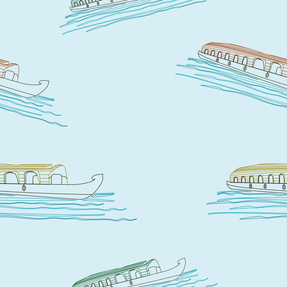 Editable Outline Semi-Oblique View Indian Kerala Houseboat Vectorized Illustration on Lake in Various Colors Seamless Pattern for Creating Background of Southwestern India Transportation or Recreation vector