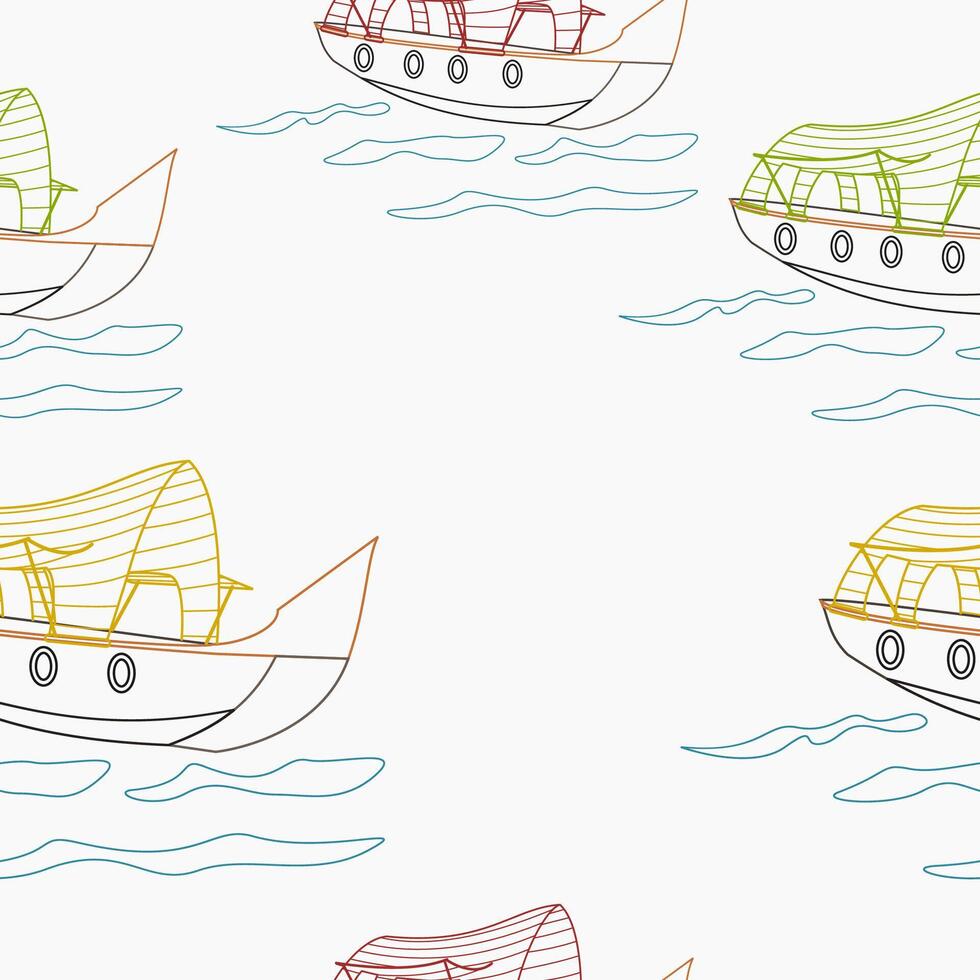 Editable Outline Oblique View Indian Keralan Houseboat Vectorized Illustration on Wavy Lake in Various Colors Seamless Pattern for Creating Background of Transportation of Southwestern India vector