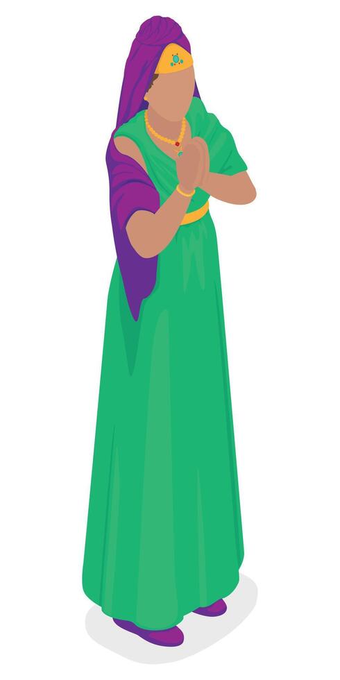 Babylonian Persian Queen Resembling Biblical Esther Clasping Hands in Hope in Isometric Perspective vector