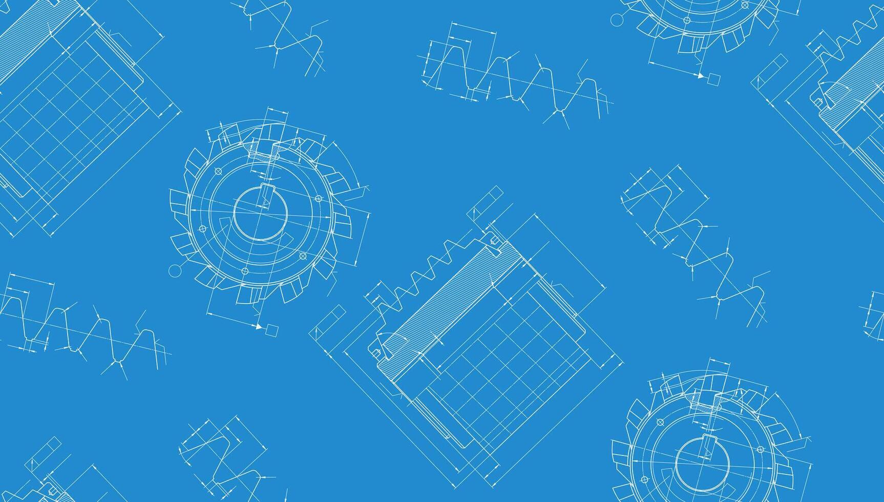Mechanical engineering drawings on blue background. Cutting tools, milling cutter. Technical Design. Cover. Blueprint. Seamless pattern. illustration vector