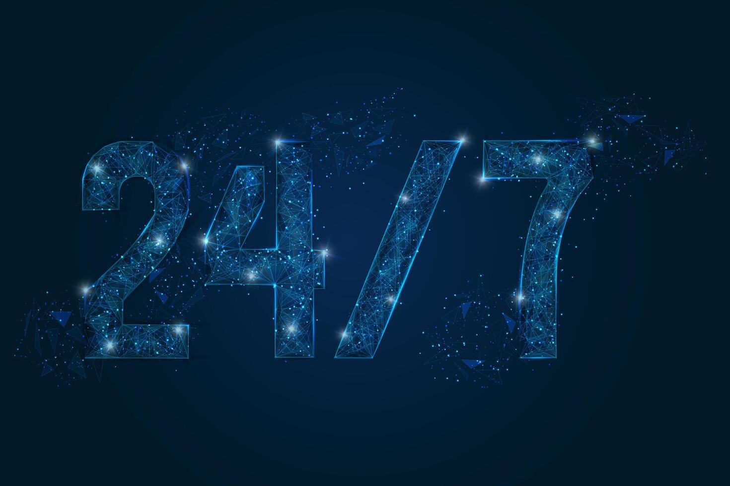 Abstract isolated blue image of signboard 24 7 open hours time. Polygonal low poly wireframe illustration looks like stars in the black night sky in space or flying glass shards vector