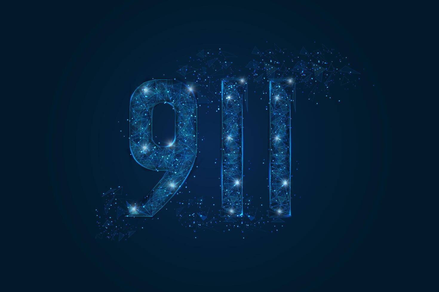 Abstract isolated blue image of The symbolic number 911 nine hundred eleven . Polygonal low poly wireframe illustration looks like stars in the black night sky in space or flying glass shards vector