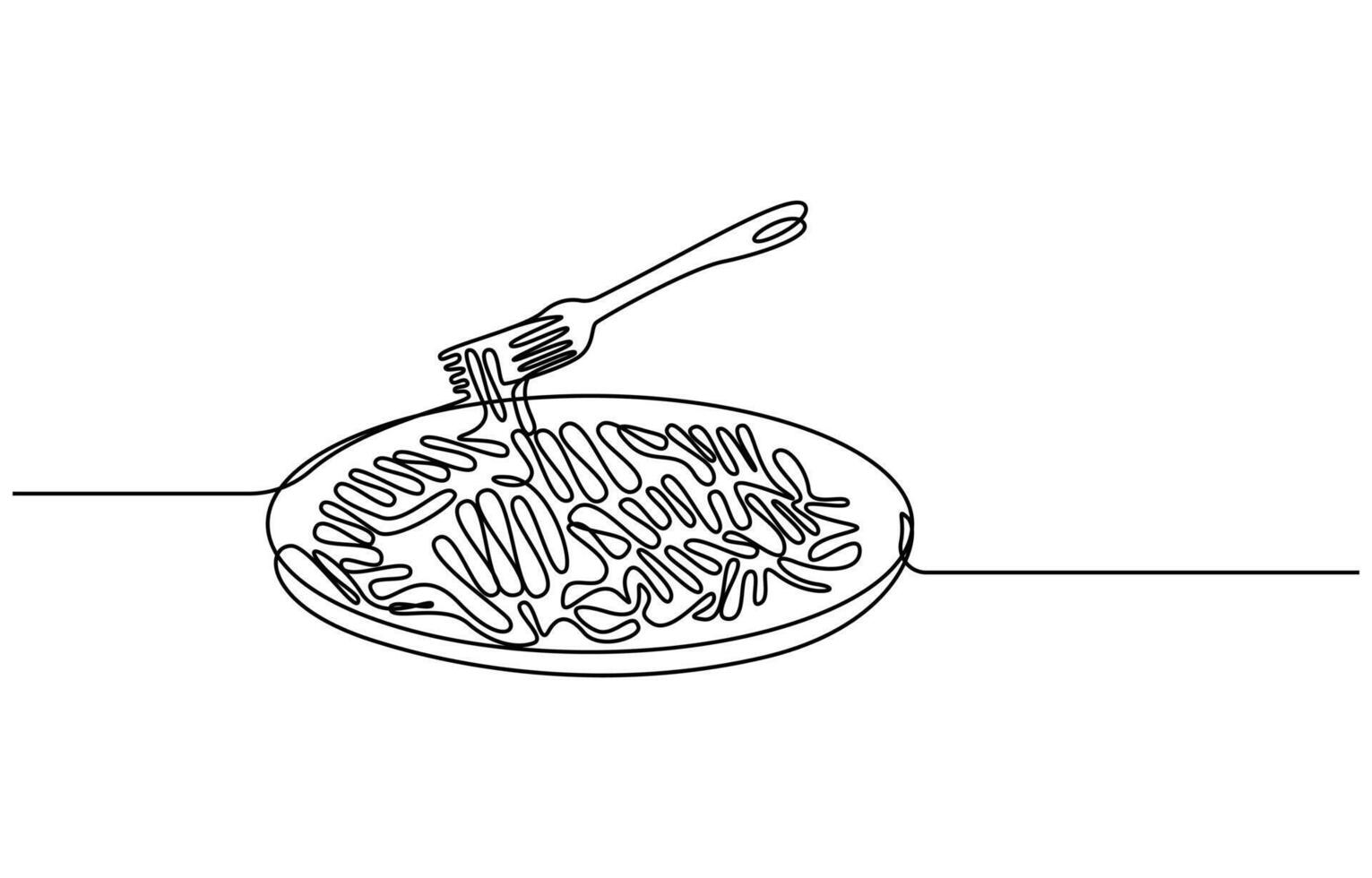 Fork with a plate of noodles in one continuous line drawing vector