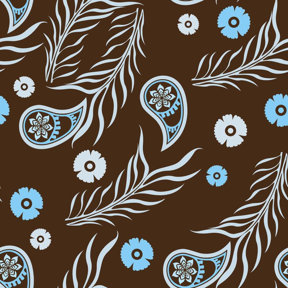 Floral Pattern Blue Paisley And Flowers Seamless Motif On Brown For Textile Design Floral Prints Design. vector