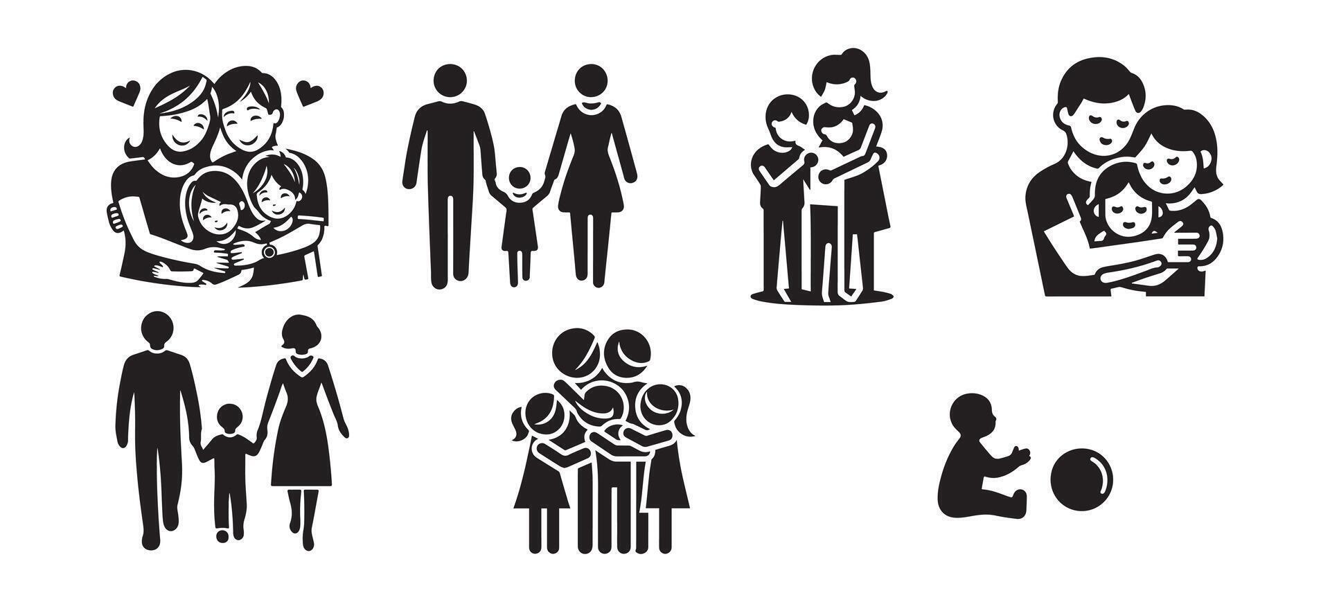 Continuous one line drawing. Happy family father and mother with three children. illustration. vector