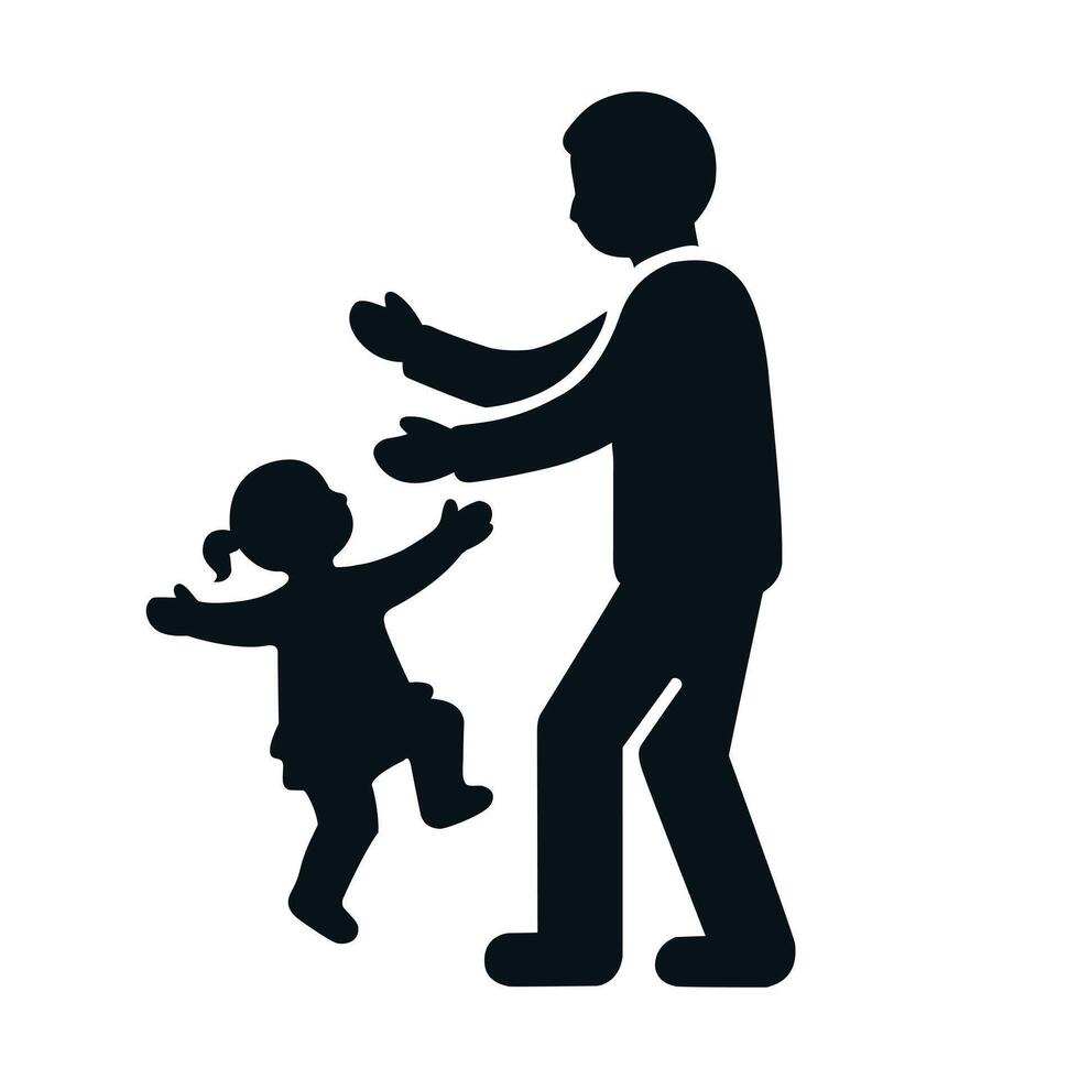 A simple, black silhouette illustration of a father and a young daughter playing. vector