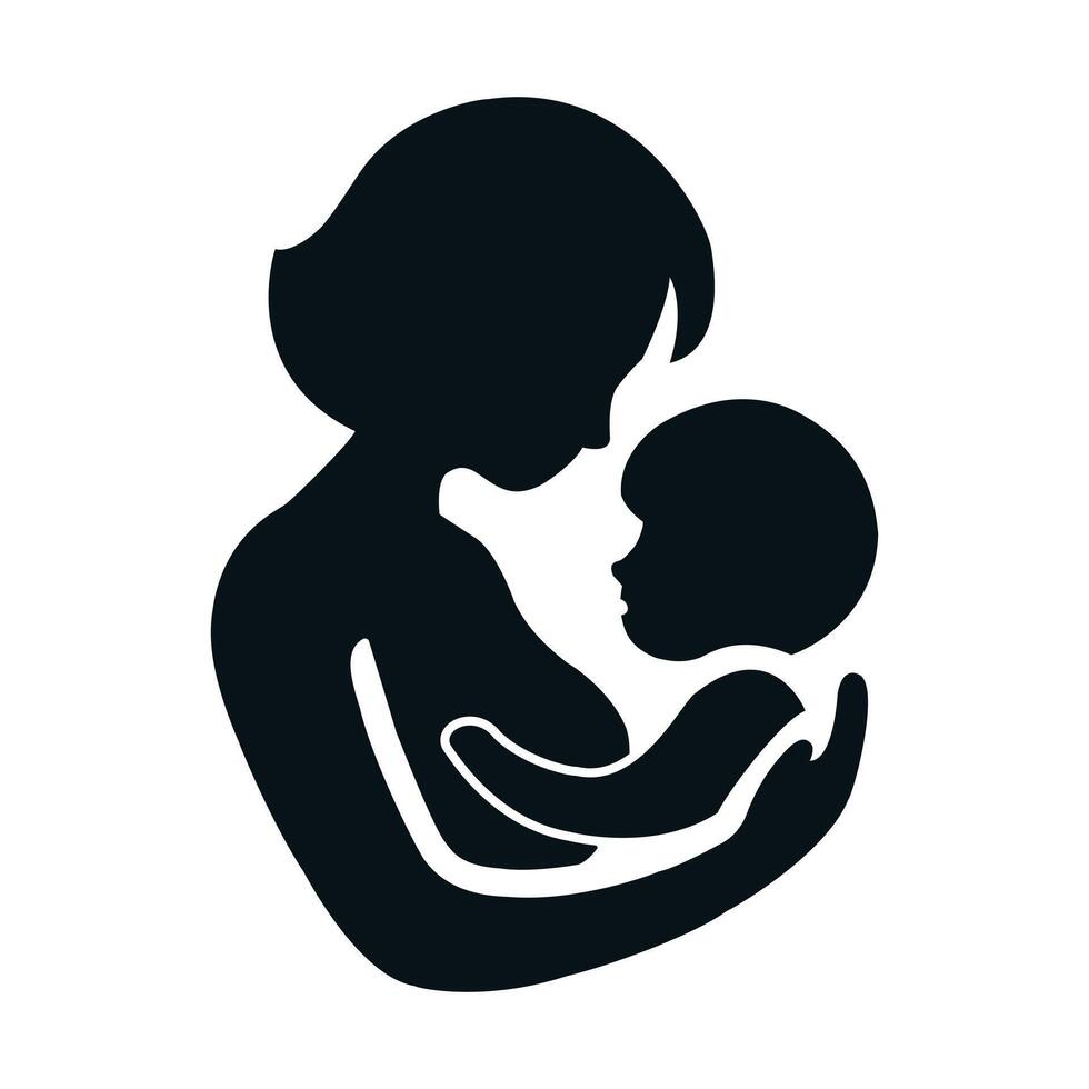 A simple, impactful silhouette of a mother holding her baby close, likely depicting breastfeeding or a nurturing moment. vector