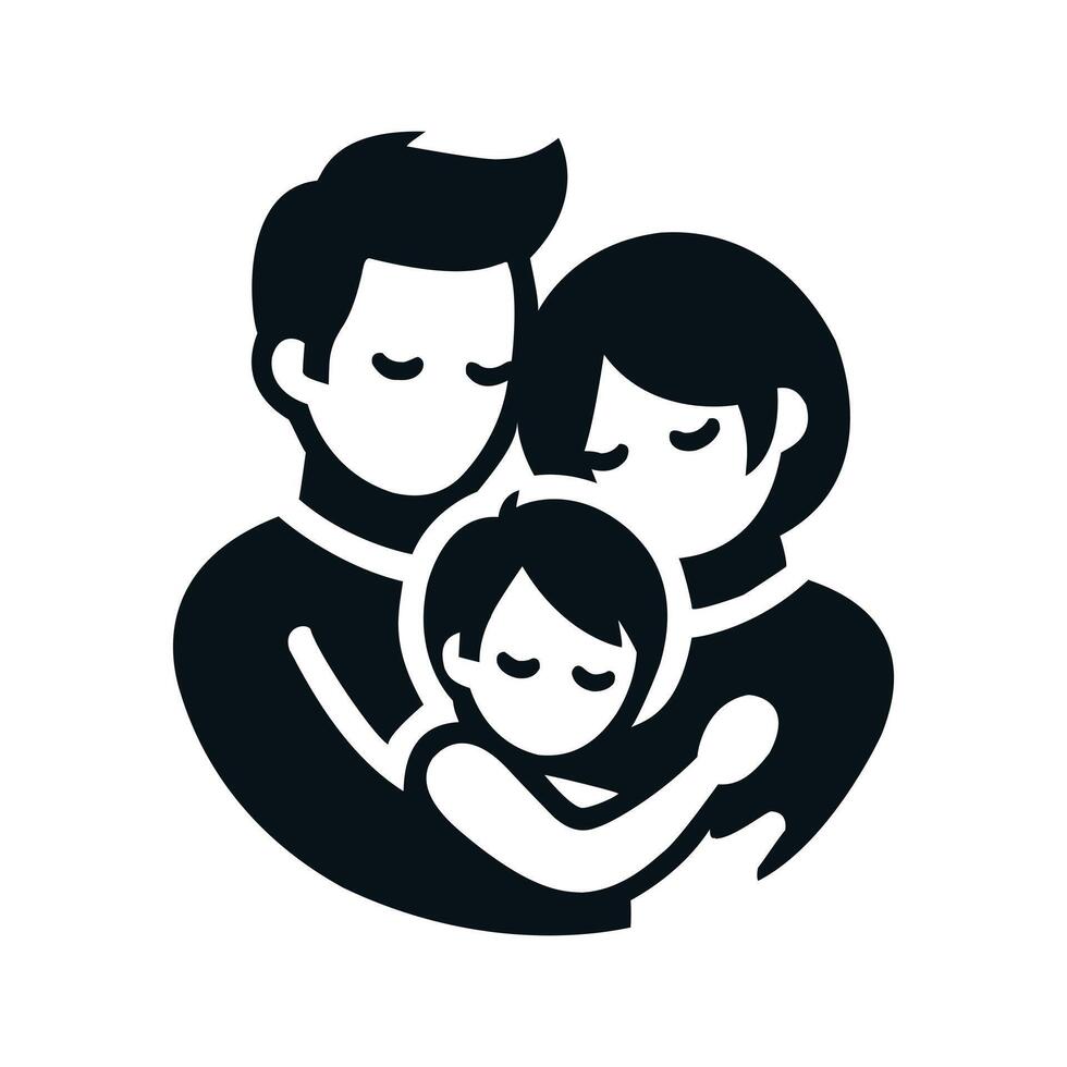 This black and white silhouette of a family father, mother, and child hugging, conveys a warm, loving, and comforting mood. vector