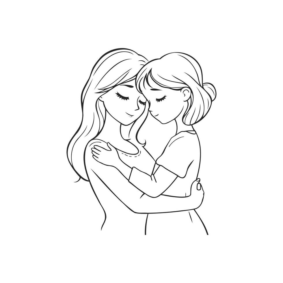 Loving Mother Holding Daughter Tenderly in Line Art Style Perfect for Mothers Day Design vector