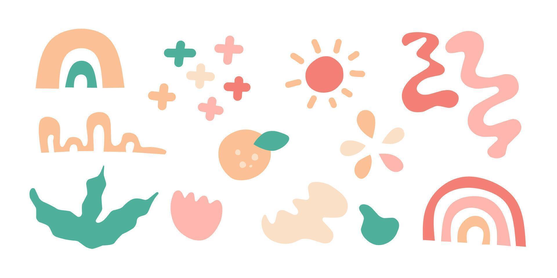 Set of playful abstract doodle shapes sticker pack in childish style. colorful flat hand drawn funky figures for kid with rainbow, sun, leaves, flowers, lines and stars. Cute element illustration. vector