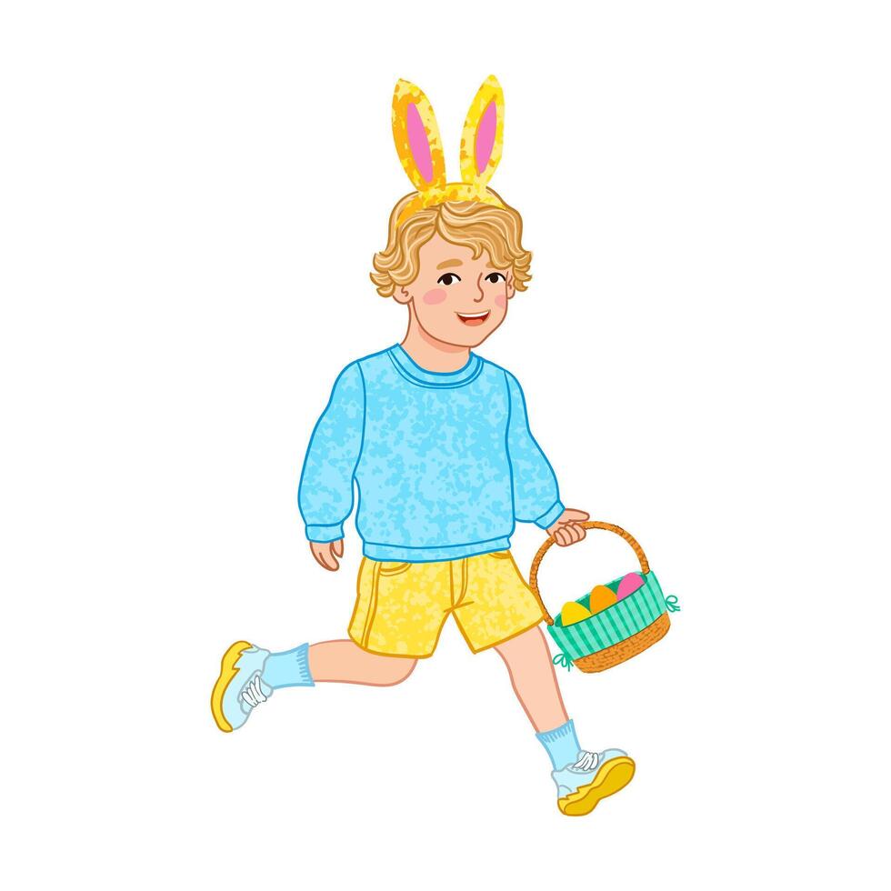 Colorful Illustration of Boy Runs with an Easter Egg Basket Isolated on White Background vector